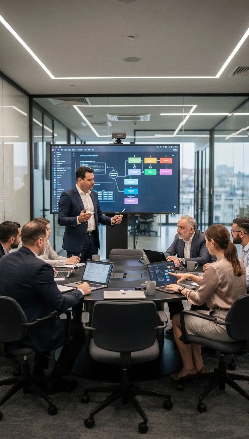 Fotografie stilizată cu un specialist în automatizare analizând performanțele unui sistem inteligent